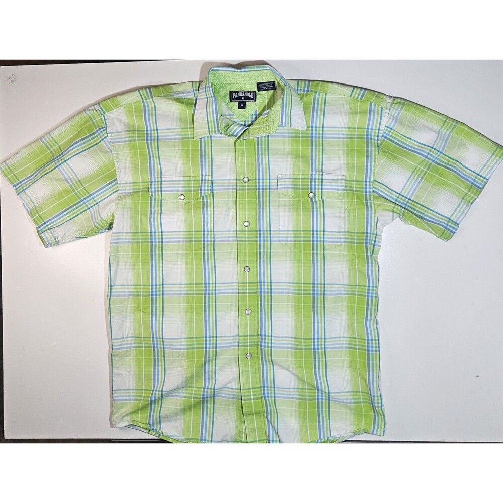 Panhandle Shirt Mens Medium Green Plaid  Western Pearl Snap Pockets